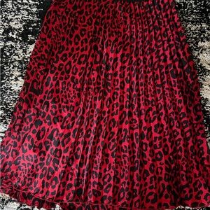 Red and Black Leopard Print Pleated Midi Skirt